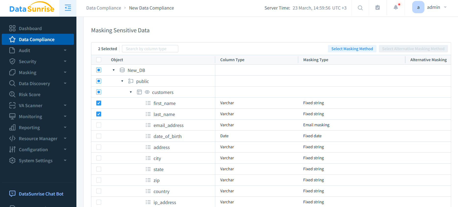 DataSunrise Masking Sensitive Data page showing discovered columns with proposed masking methods