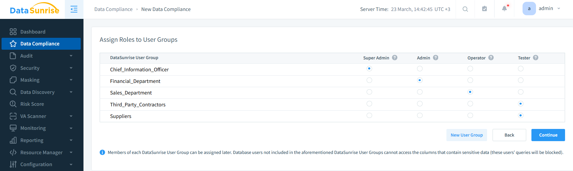 DataSunrise Assign Roles to User Groups page with access levels for each group