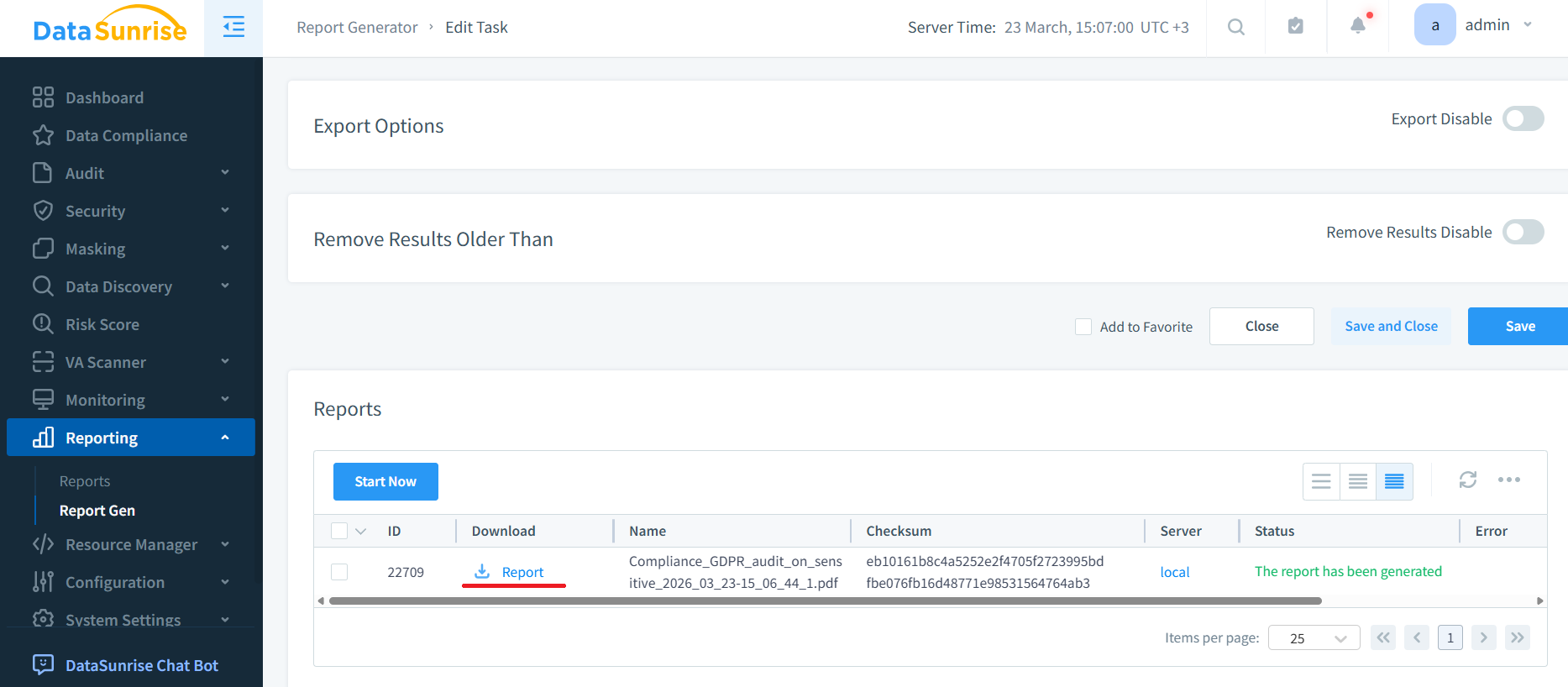 DataSunrise Report Generator page with a successfully generated GDPR audit report ready for download