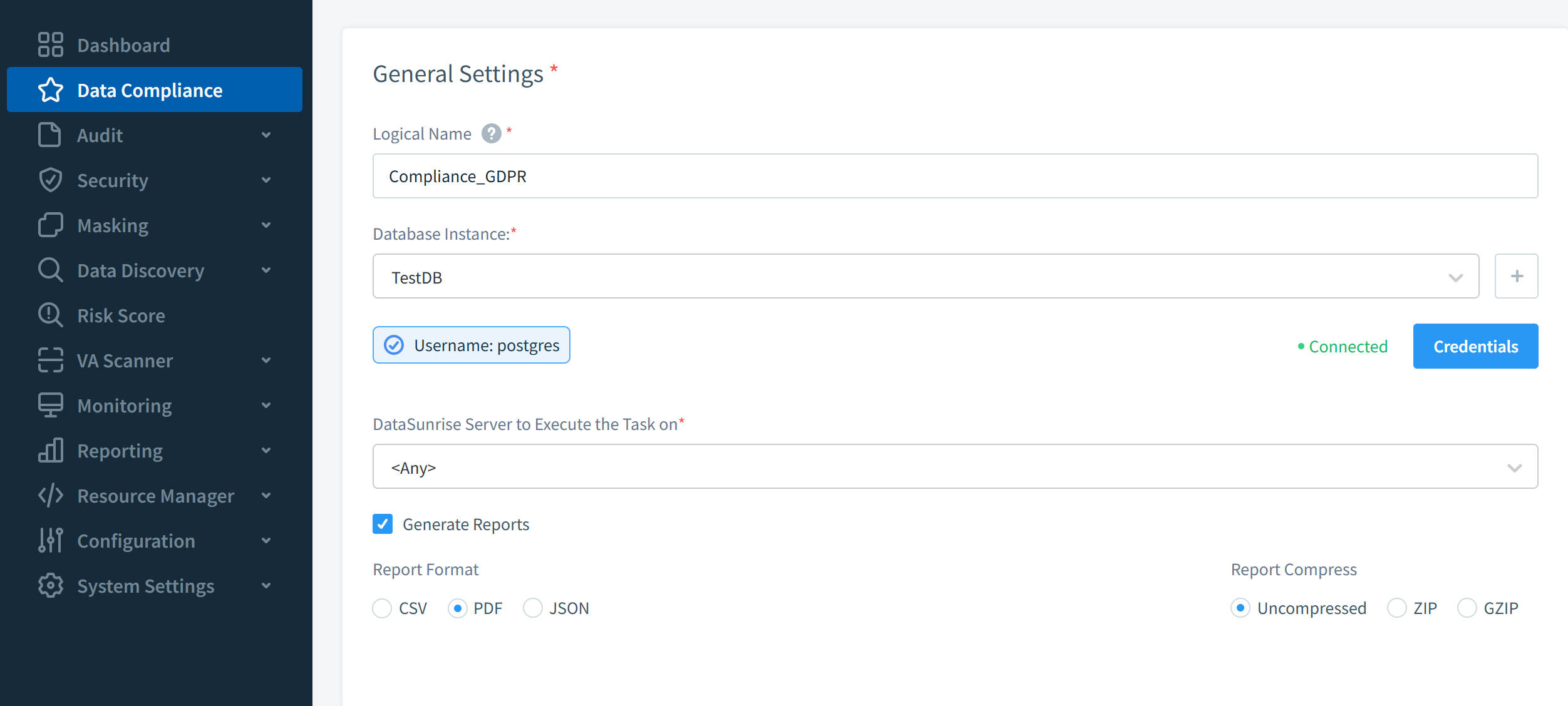 DataSunrise Data Compliance setup page with General Settings, Search Settings, and Frequency of Discovering