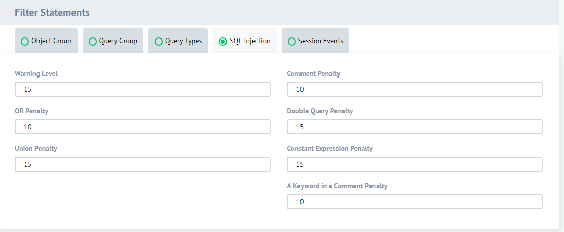 DataSunrise Security rule settings (SQL injections section)