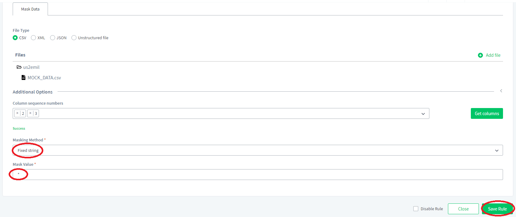 Configuring masking method to mask values inside CSV file