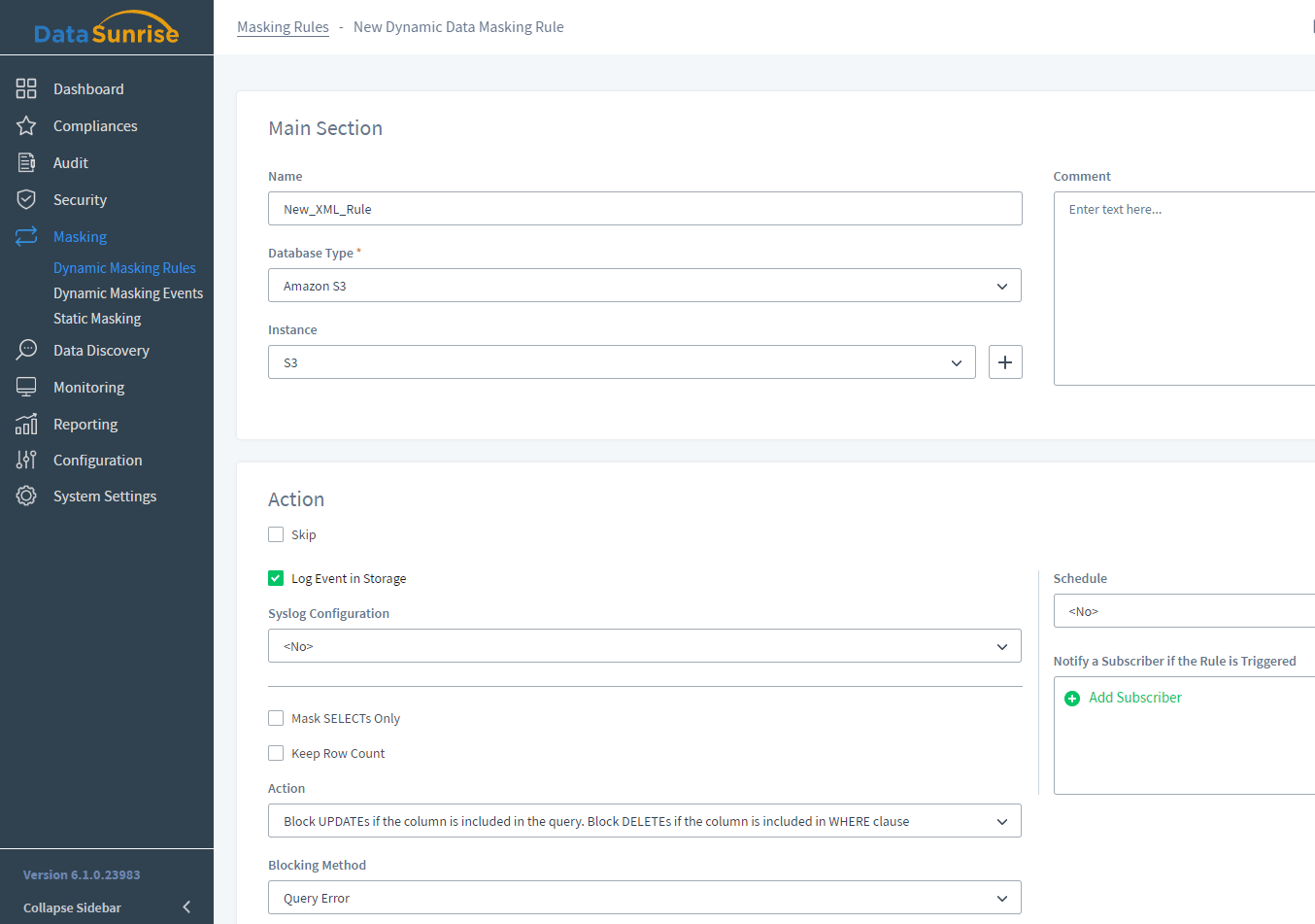 Configuring main section of masking rule