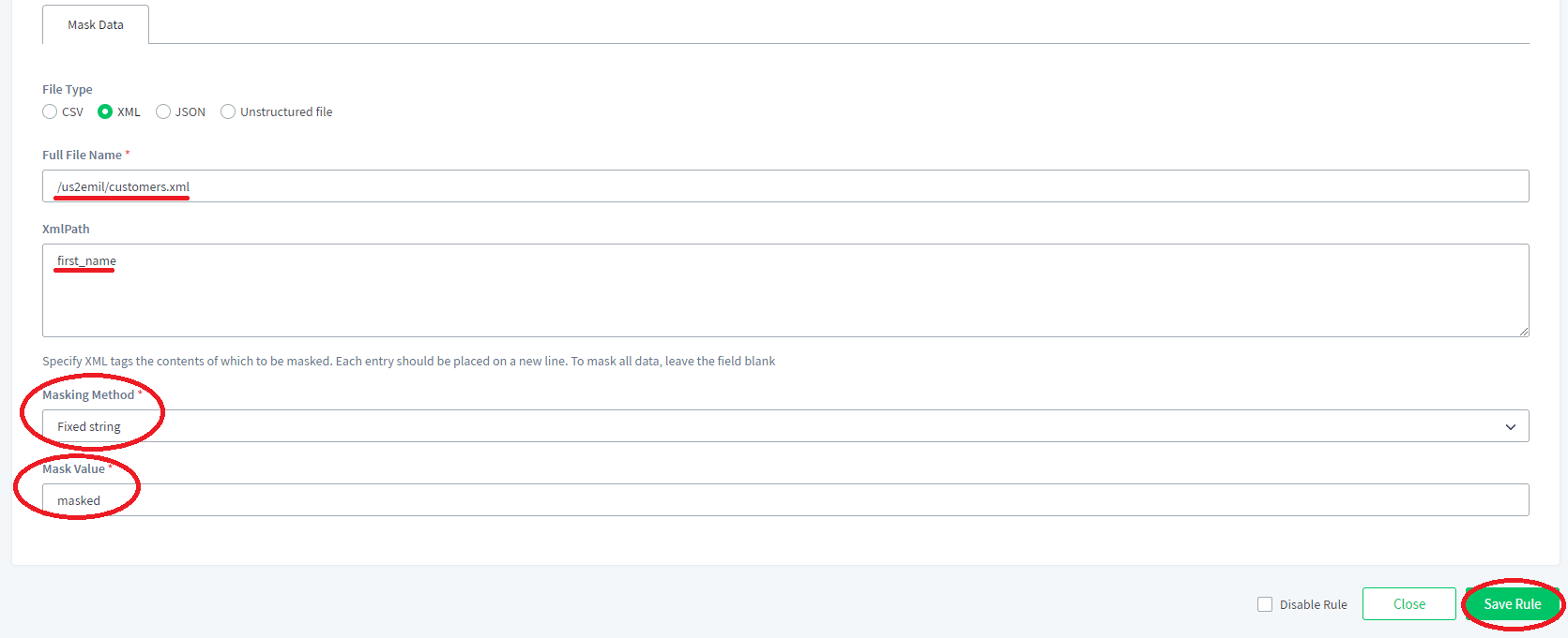 Configuring rule o mask XML file