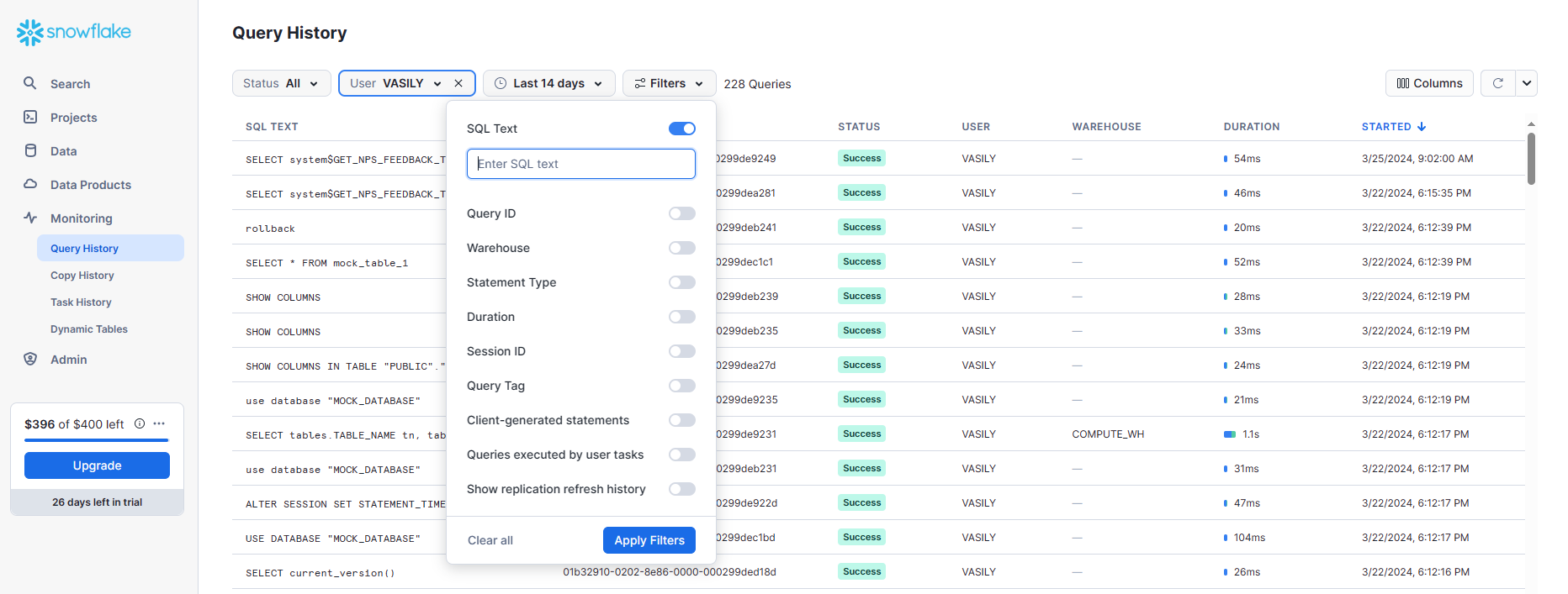 Snowflake Query History 01 - Monitoring - Query History - Filters Expanded