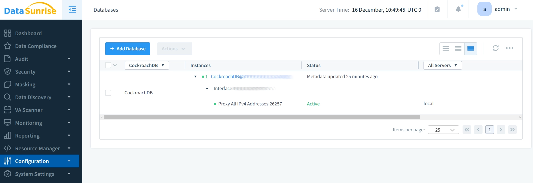 DataSunrise CockroachDB Instance Configuration Panel