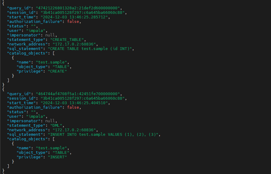 Resulting output from audit logs in Impala