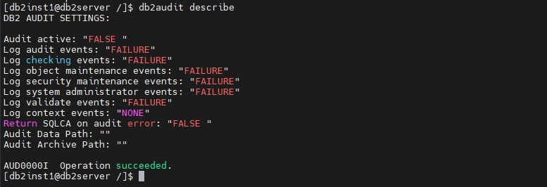 db2audit Standardkonfiguration wie in der Befehlsausgabe zu sehen