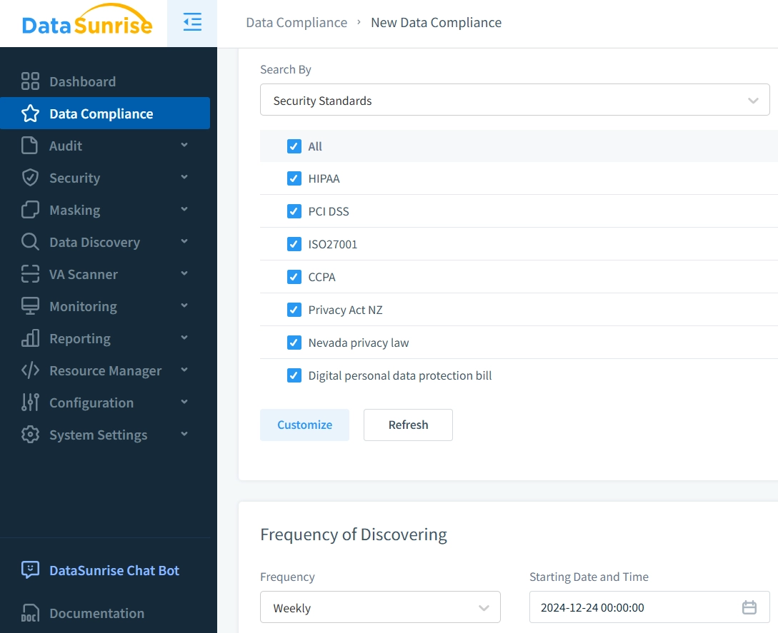 Mehrere Sicherheitsstandards für den Data Compliance Manager in DataSunrise verfügbar