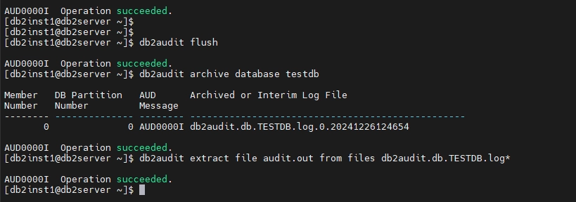 Erfolgreiche Ausgabe der db2audit-Befehle zur Protokollausgabe