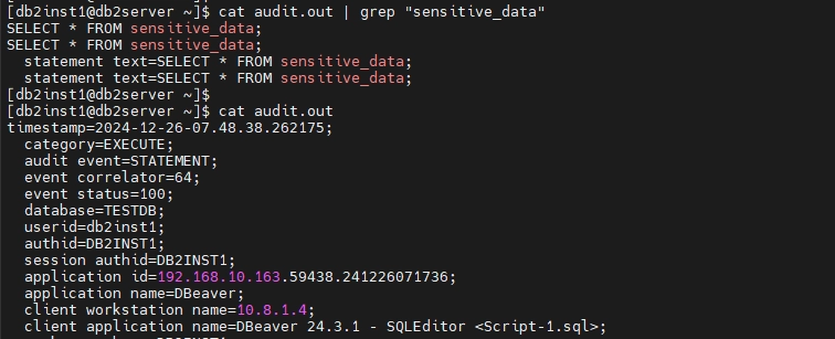 Beispiel eines db2audit Trails in der Protokollausgabe