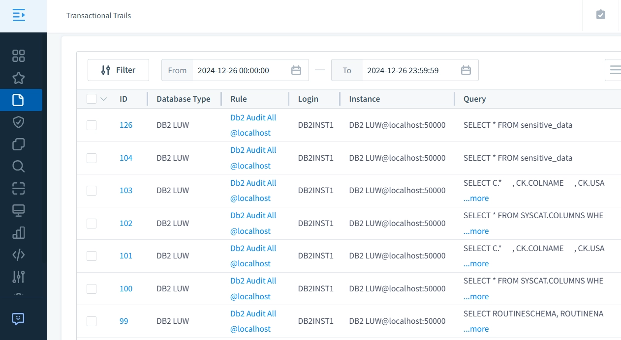 IBM Db2-Transaktionsspuren in DataSunrise erfasst