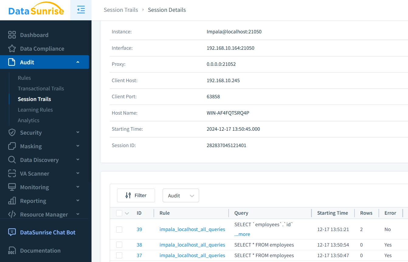 Session Trail with Details and Executed Queries Information in DataSunrise