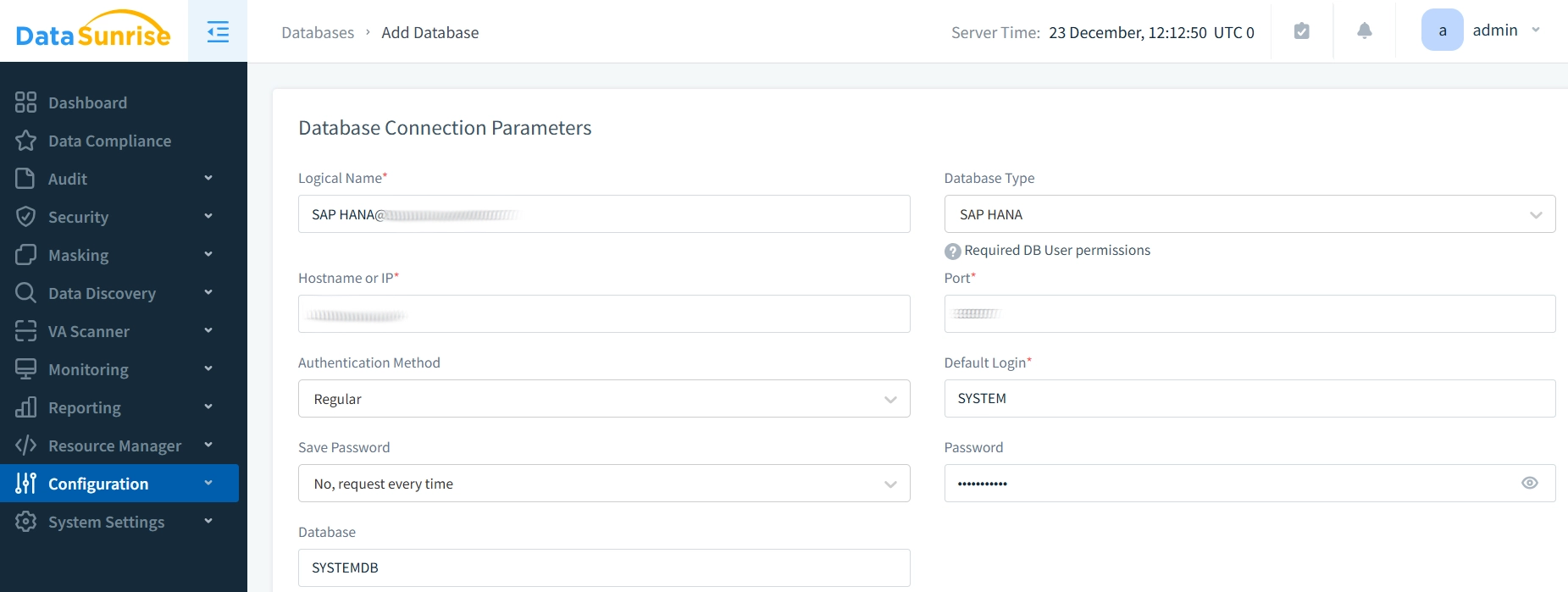 DataSunrise SAP HANA Instance Configuration Interface
