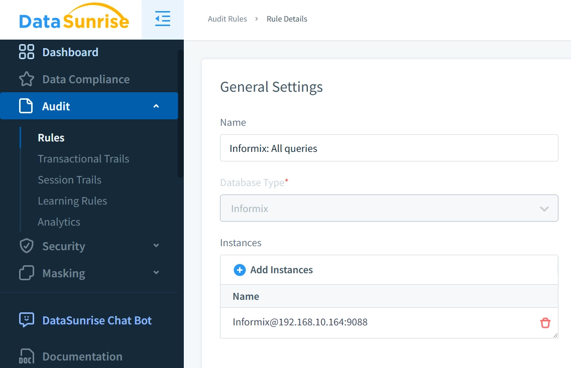 Erstellung einer Prüfregel für Informix in DataSunrise