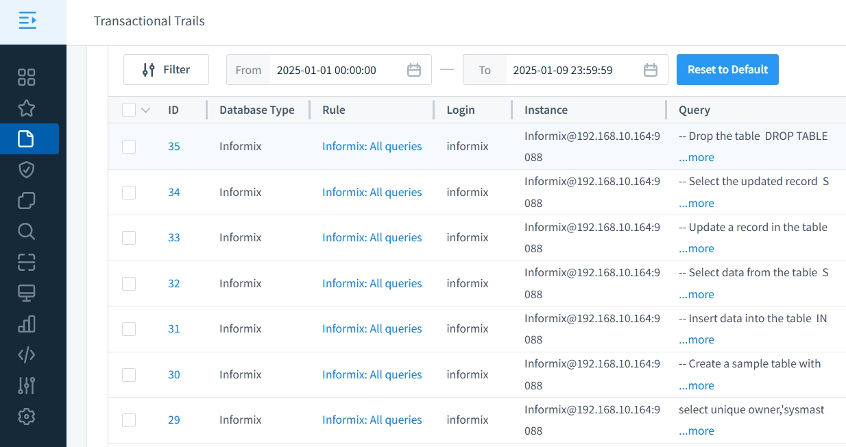 Informix Prüfpfade, erfasst in DataSunrise