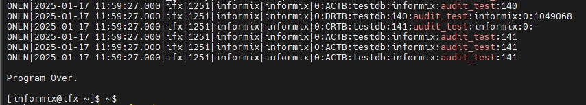 onshowaudit Befehlsausgabe mit aufgezeichneter Aktivität der Informix-Datenbank