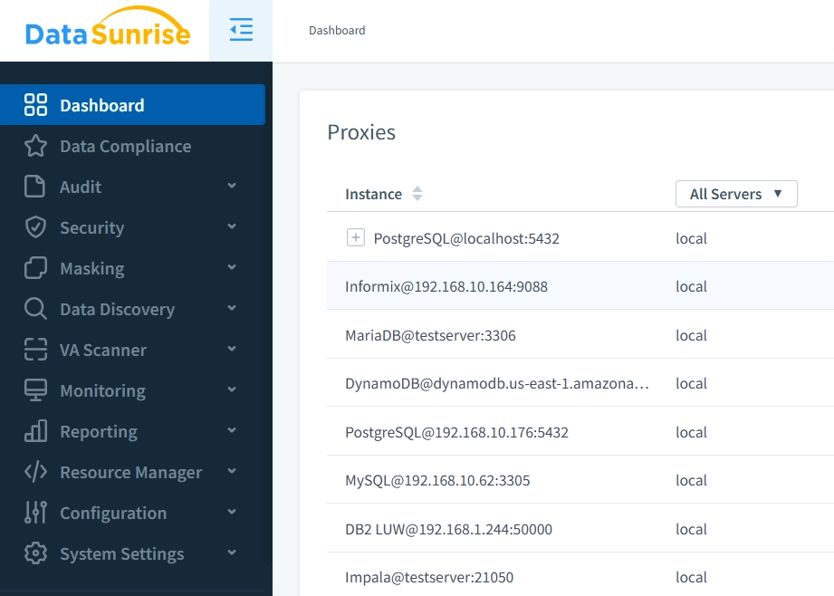 Mehrere verschiedene Datenbankinstanzen verbunden in DataSunrise für die Informix Datenaktivitätshistorie