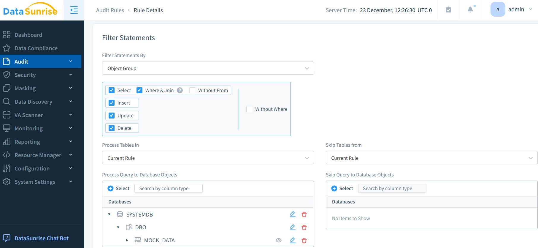 DataSunrise SAP HANA Audit Rule Configuration Screen