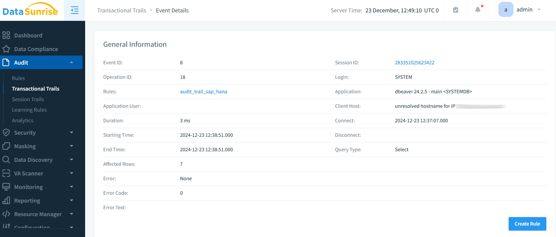DataSunrise SAP HANA Audit Trail Dashboard View
