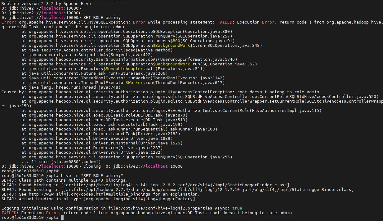 Apache Hive RBAC Configuration with SQL - Error encountered when trying to SET ROLE in Apache Hive CLI