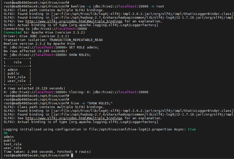 Apache Hive RBAC Configuration with SQL - Displaying updated roles after granting a role to a user