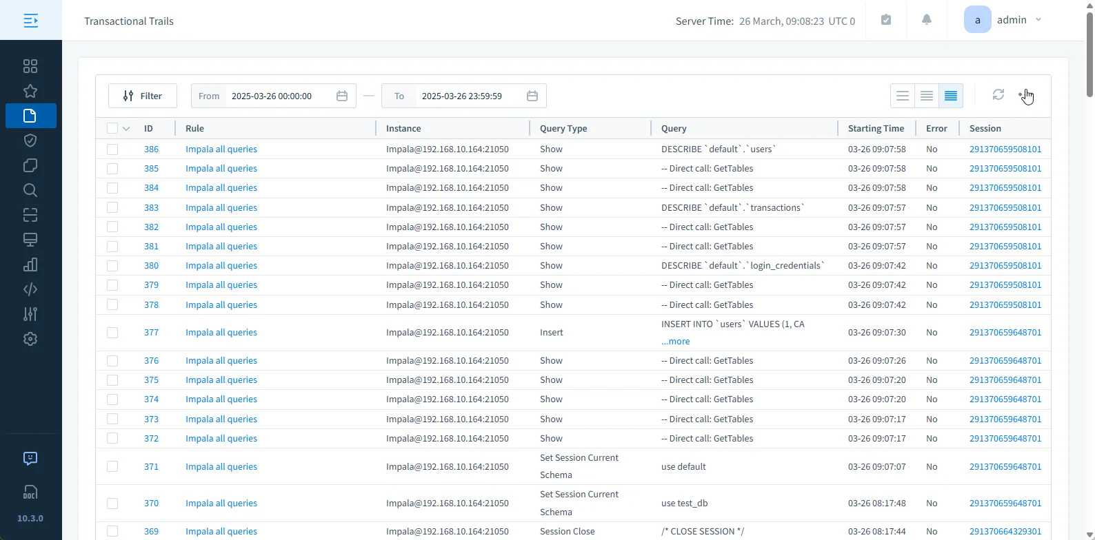 Apache Impala Compliance Management - Transactional Trails in DataSunrise for Apache Impala