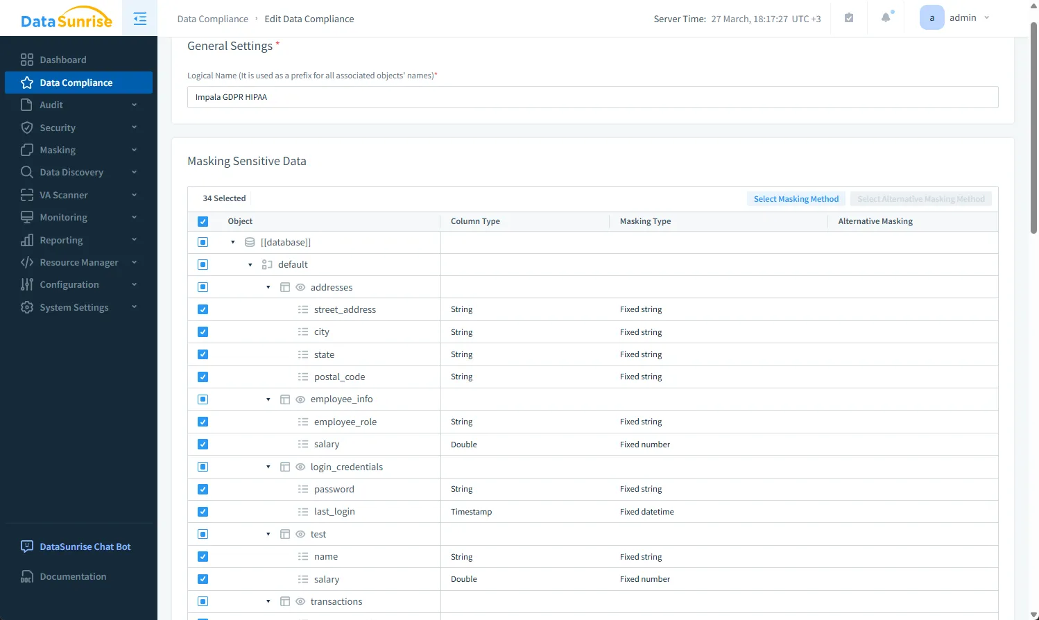 Apache Impala Data Compliance Automation - Masking Columns for New Data Compliance Task in DataSunrise