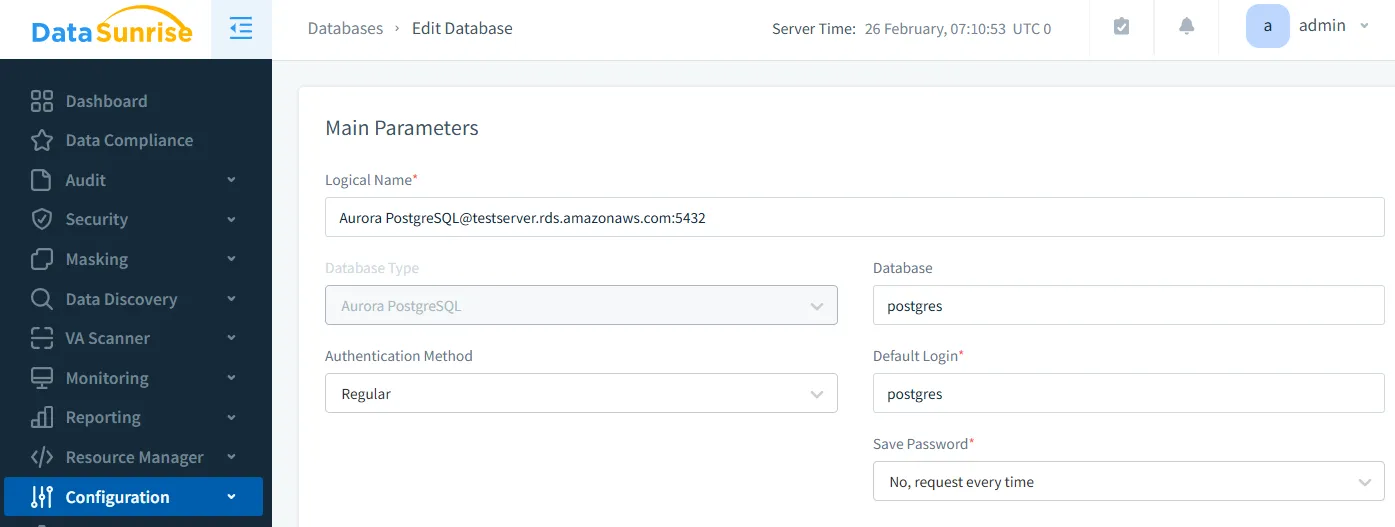Aurora PostgreSQL Audit Log - Configuration of Aurora PostgreSQL database instance in DataSunrise