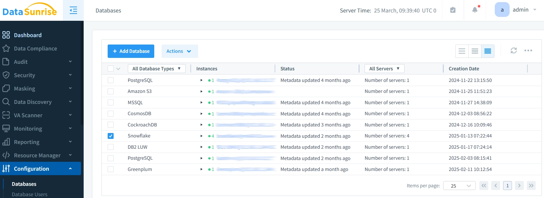 Compliance Instances DataSunrise Interface including Snowflake