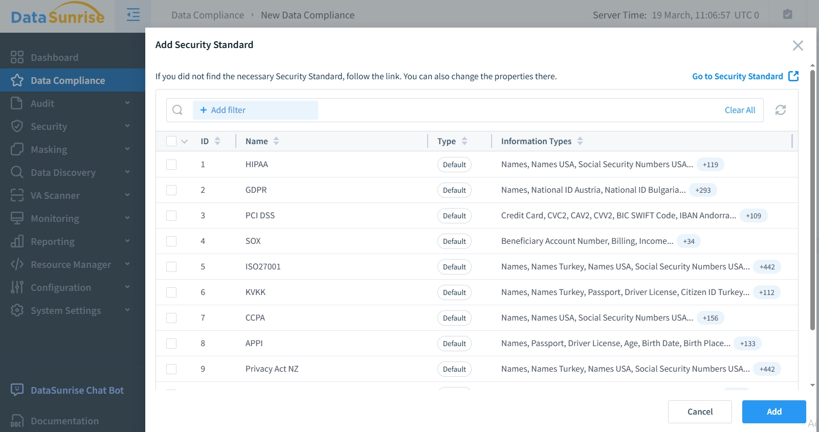 Different Compliance Standards in DataSunrise Interface for Snowflake