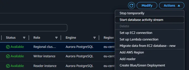 Enable Aurora PostgreSQL Activity Stream in AWS Console