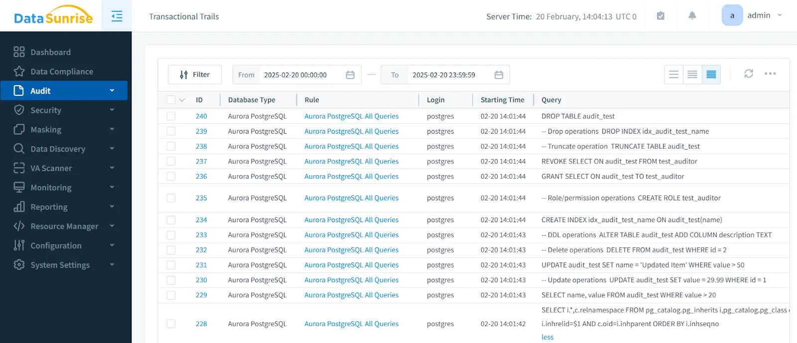 Aurora PostgreSQL audit logs viewed in DataSunrise Transactional Trails