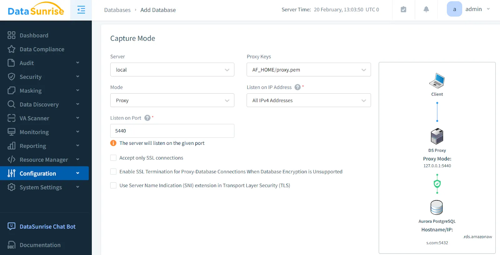 DataSunrise proxy configuration for Aurora PostgreSQL audit stream capture