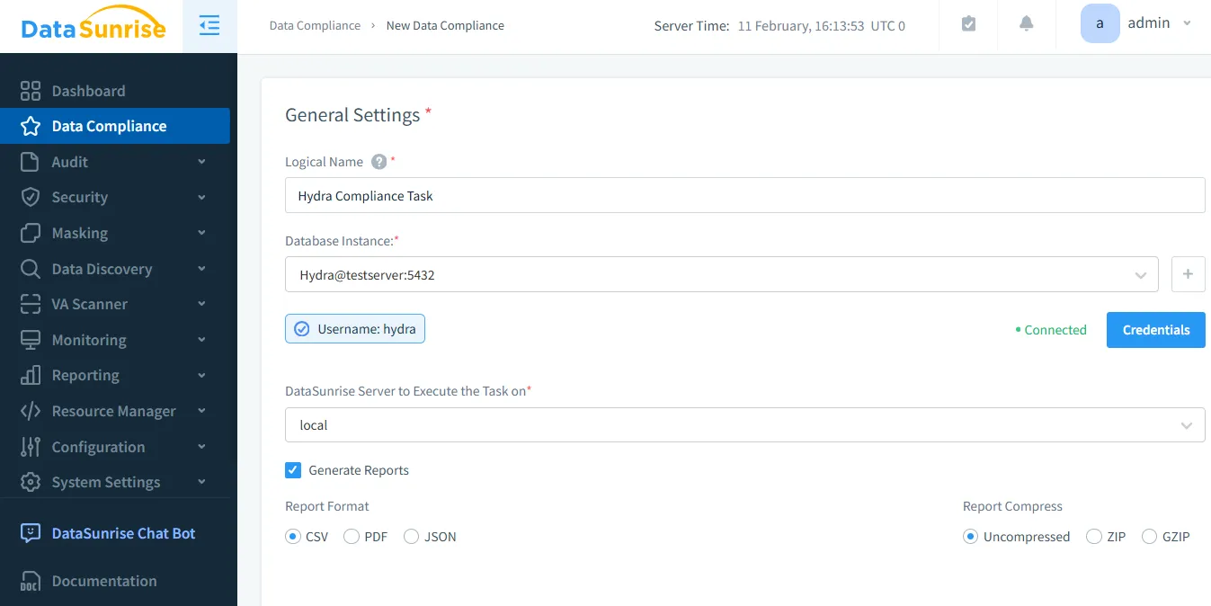 Data Audit for Hydra - Configuring compliance reporting task for Hydra database instance with user credentials and output options