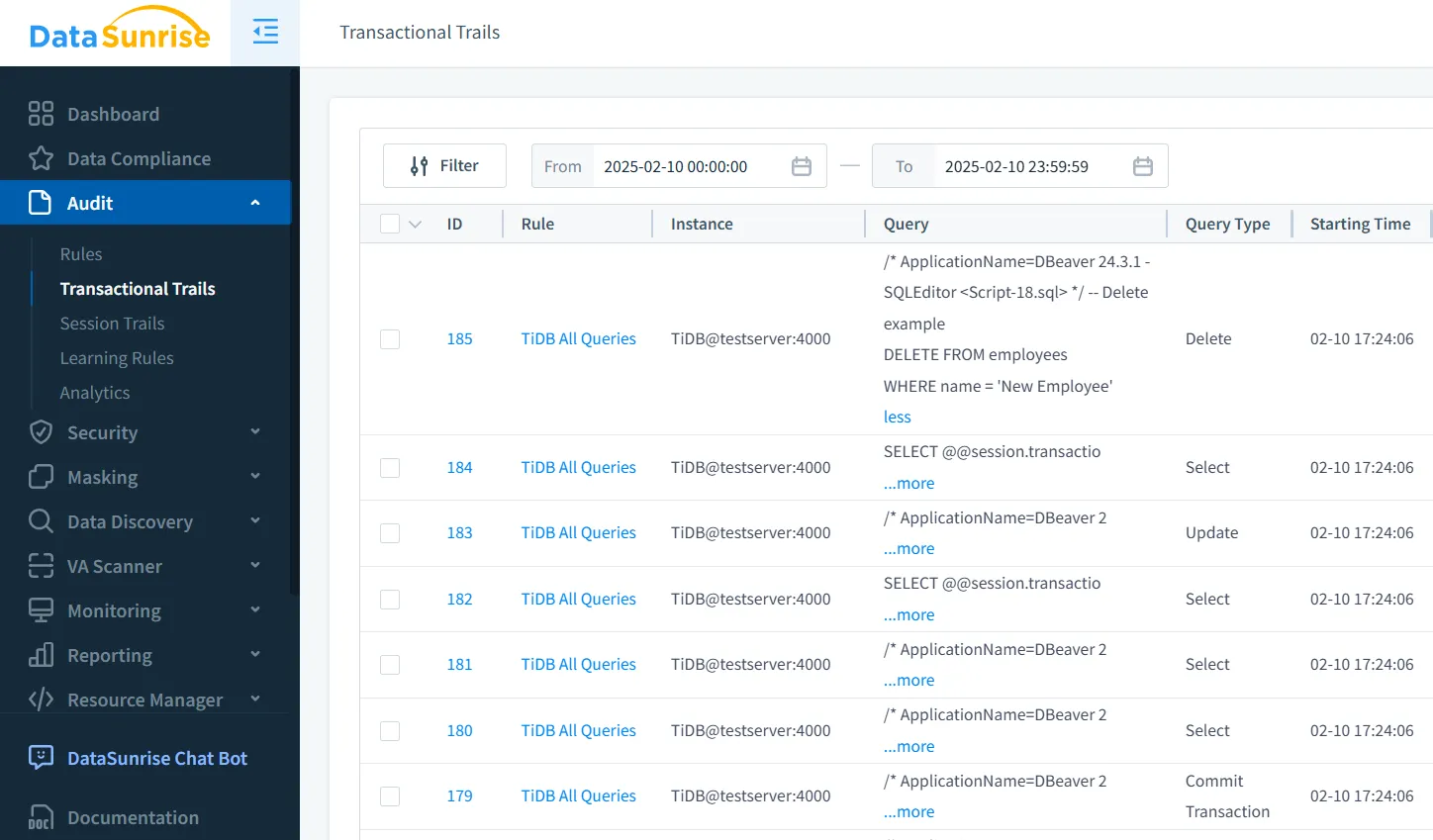 Data Audit for TiDB - Viewing full transactional query audit trail inside the DataSunrise interface