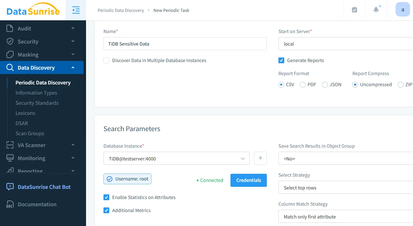 Data Audit for TiDB - Configuring periodic data discovery task with instance, credentials, and statistics collection enabled