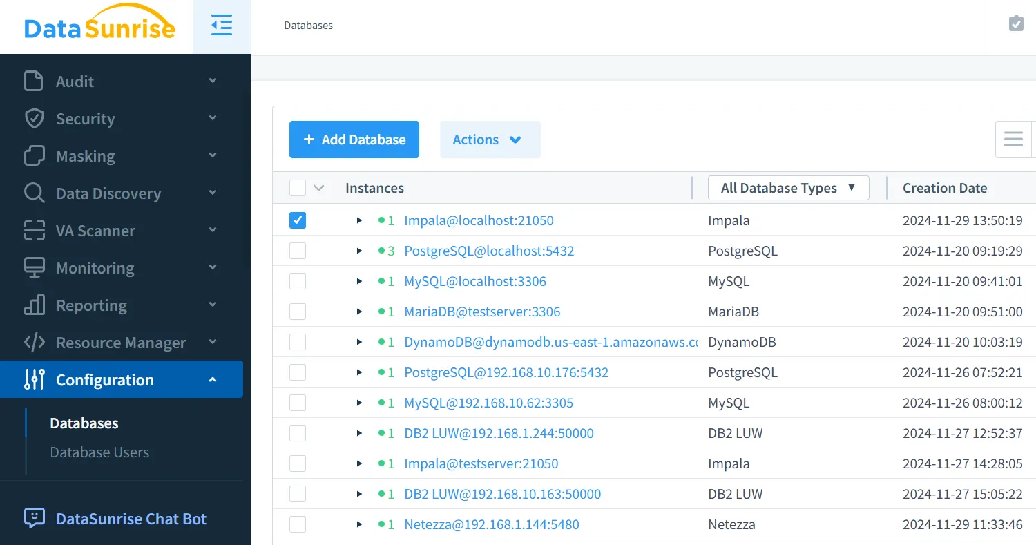 Data Masking for Apache Impala - Successfully connected Apache Impala instance shown in DataSunrise database configuration panel