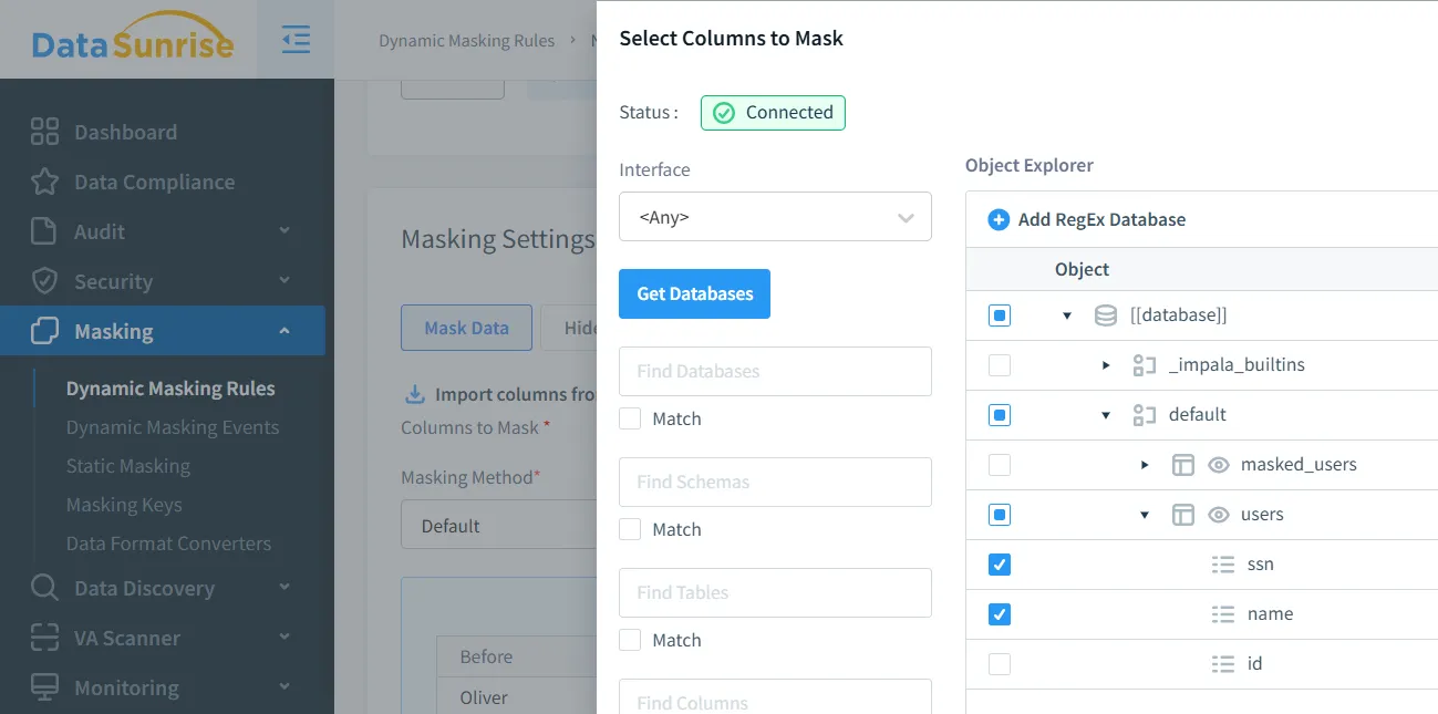 Data Masking for Apache Impala - User selecting columns to mask from Impala database using the DataSunrise interface