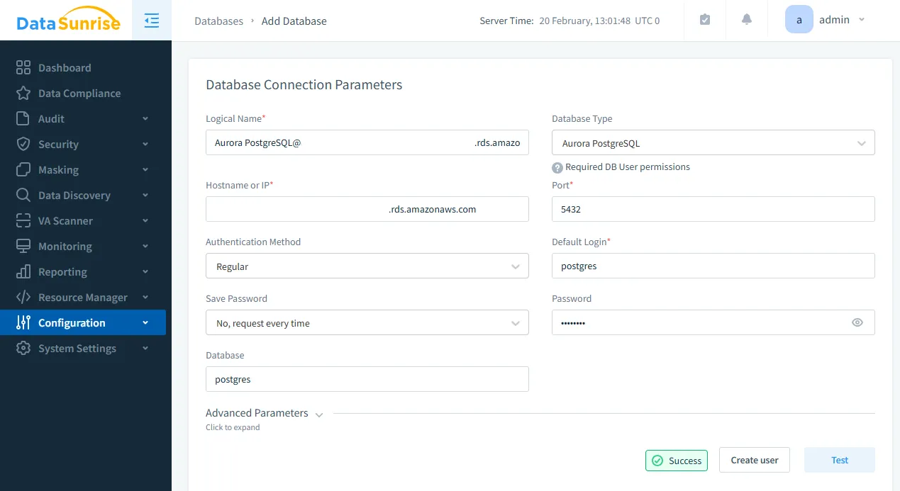 DataSunrise database connection settings for Aurora PostgreSQL using port 5432