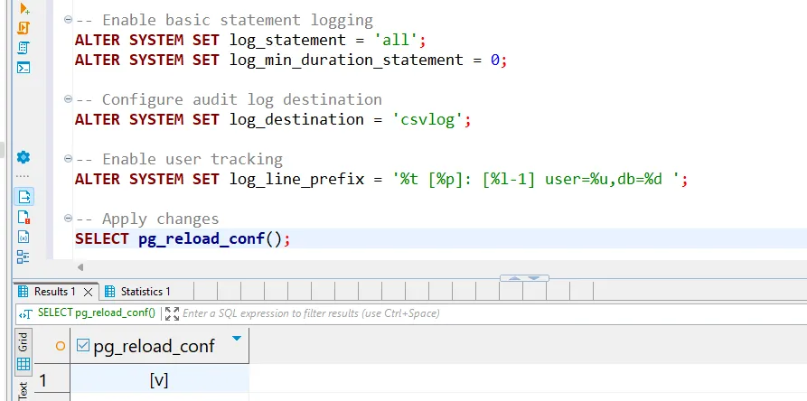 Database Audit for Hydra - Configuring PostgreSQL statement logging, audit destination, and user tracking, followed by pg_reload_conf to apply changes