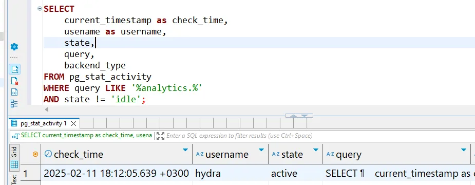Database Audit for Hydra - Real-time tracking of active PostgreSQL queries using pg_stat_activity with filters for query patterns and connection state
