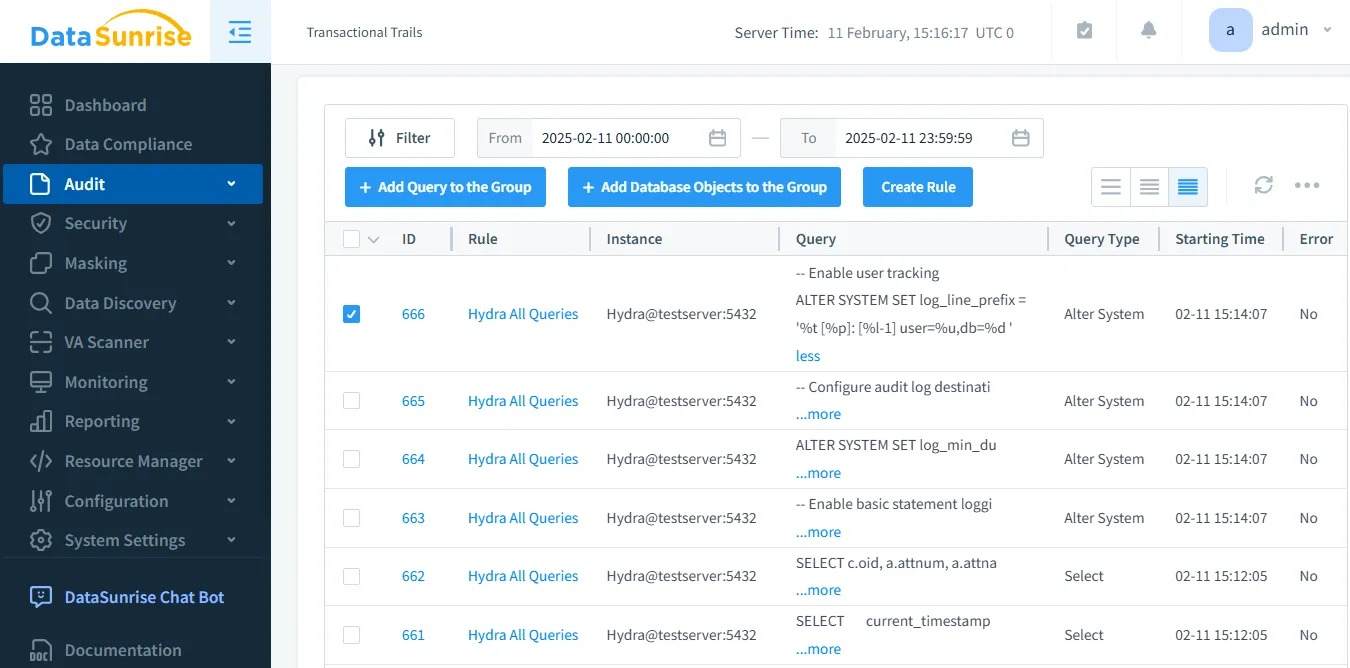Database Audit for Hydra - Audit rule in DataSunrise capturing ALTER SYSTEM changes and other SQL actions logged for Hydra database