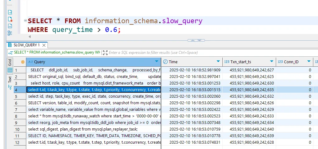 Database Audit for TiDB - Reviewing slow queries in TiDB with a query time greater than 0.6 seconds