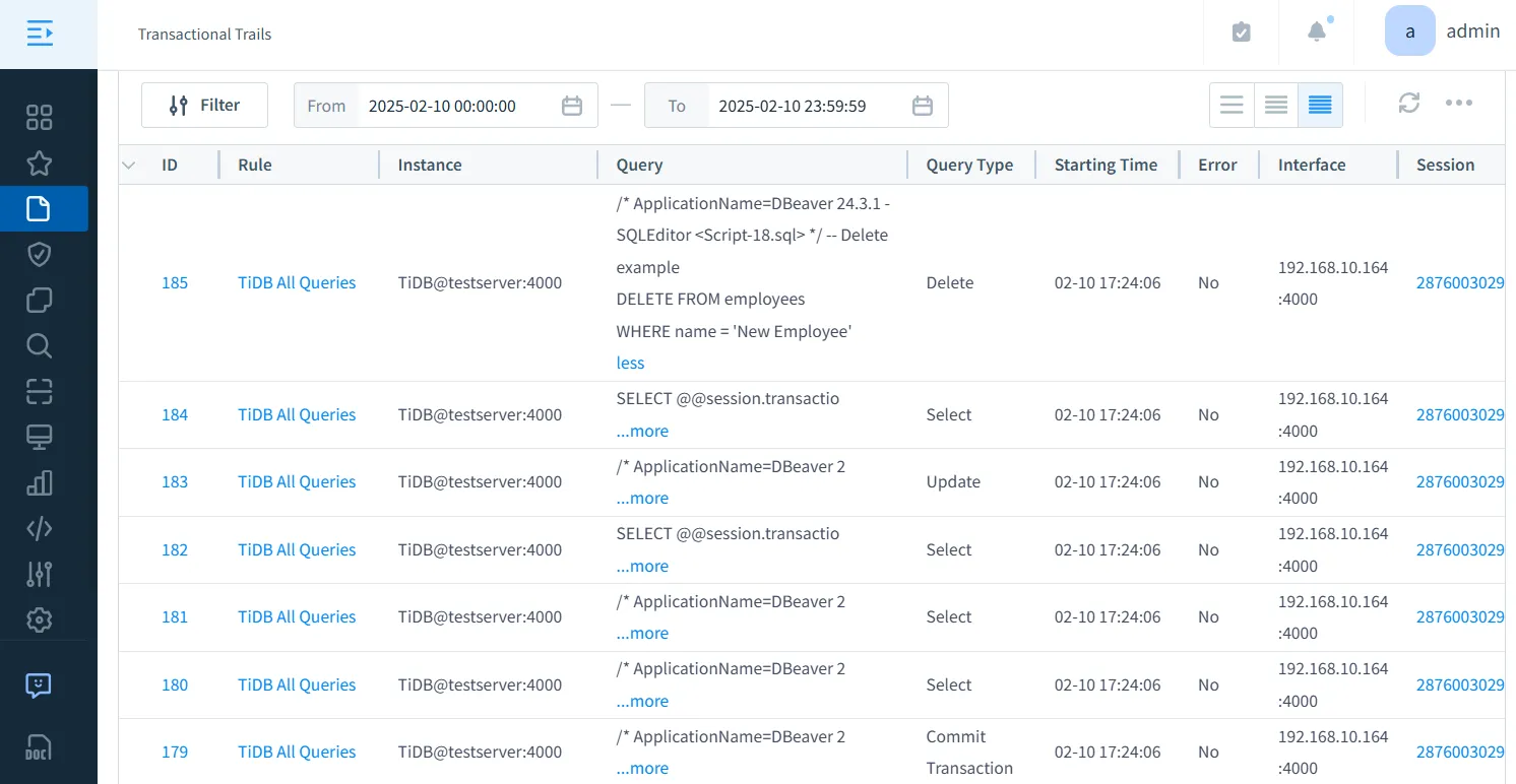 Database Audit for TiDB - Viewing detailed transactional audit logs for TiDB database operations in DataSunrise