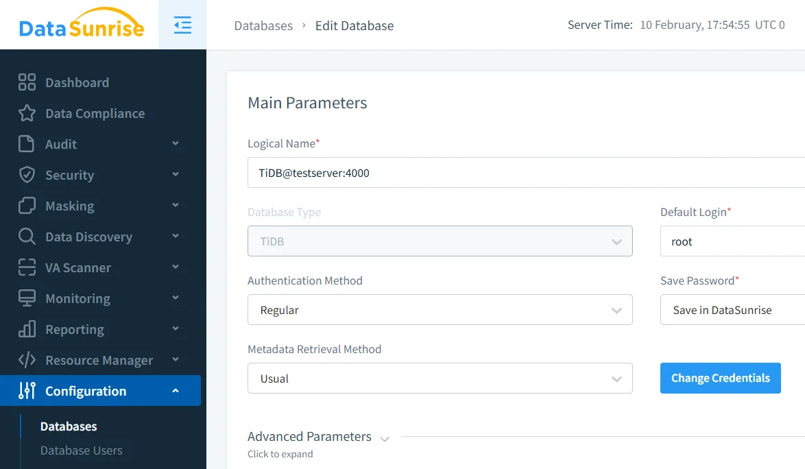 Database Audit for TiDB - Metadata and login configuration of a connected TiDB instance in DataSunrise
