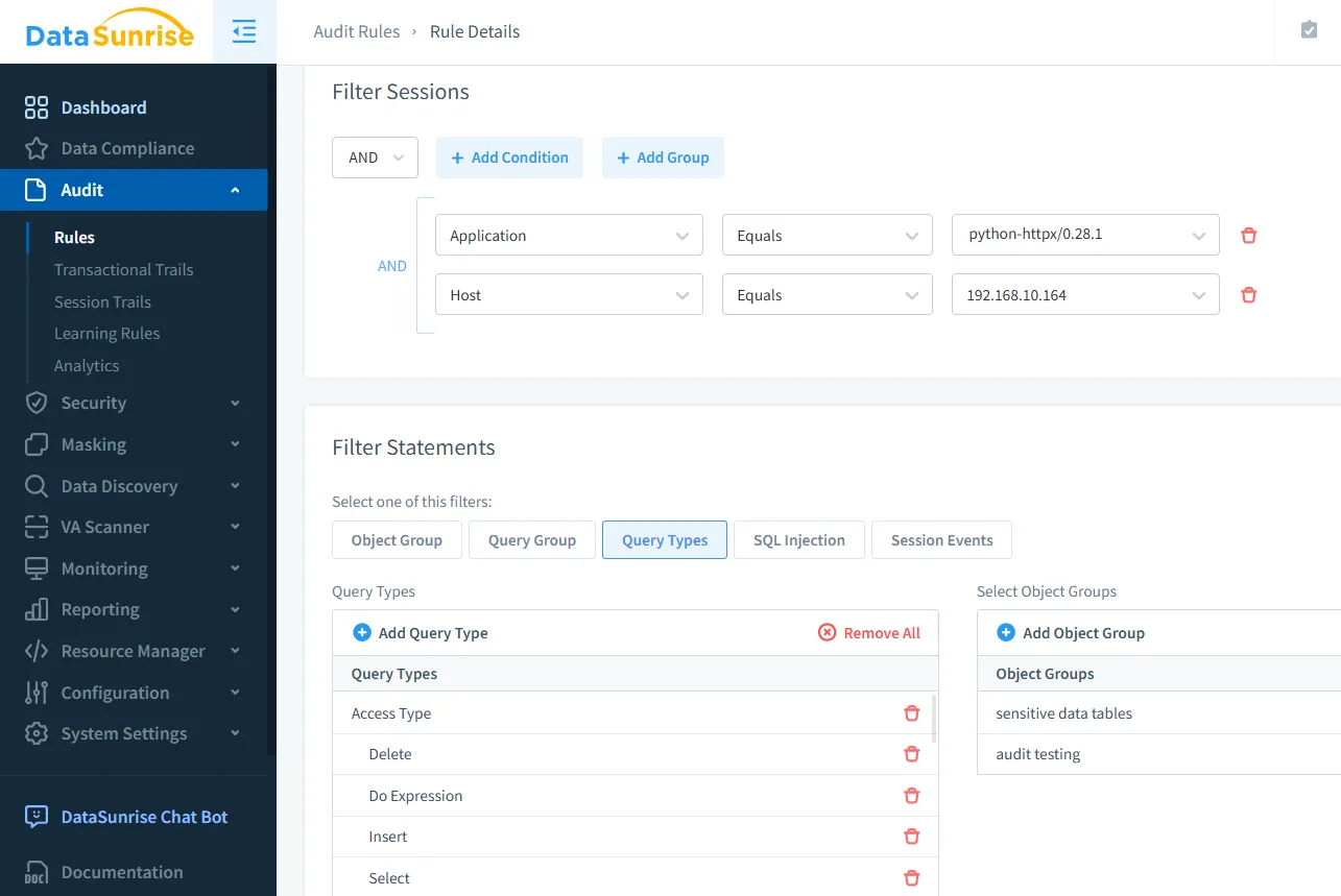 Database Audit for TiDB - Custom audit rule conditions for filtering apps, hosts, and query types in DataSunrise