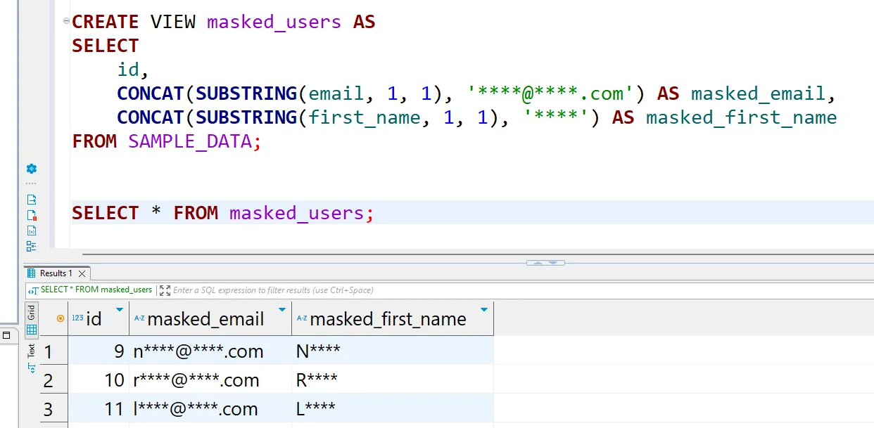 Dynamic Data Masking for Apache Impala - Creating a SQL view with CONCAT and SUBSTRING to display partially masked names and emails