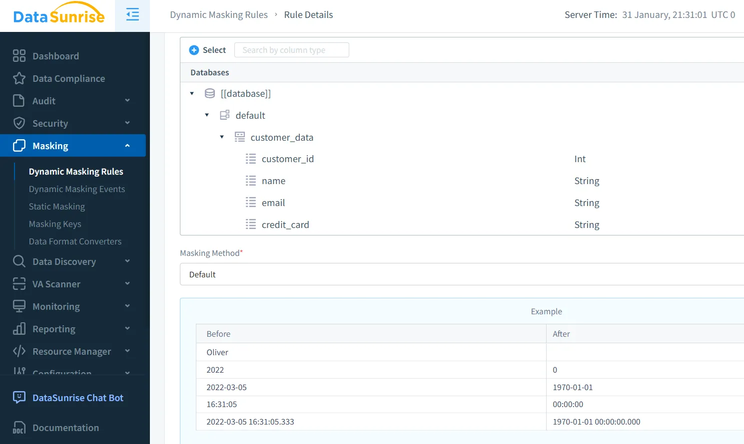 Dynamic Data Masking for Apache Impala - DataSunrise interface showing configured fields for masking and transformation examples