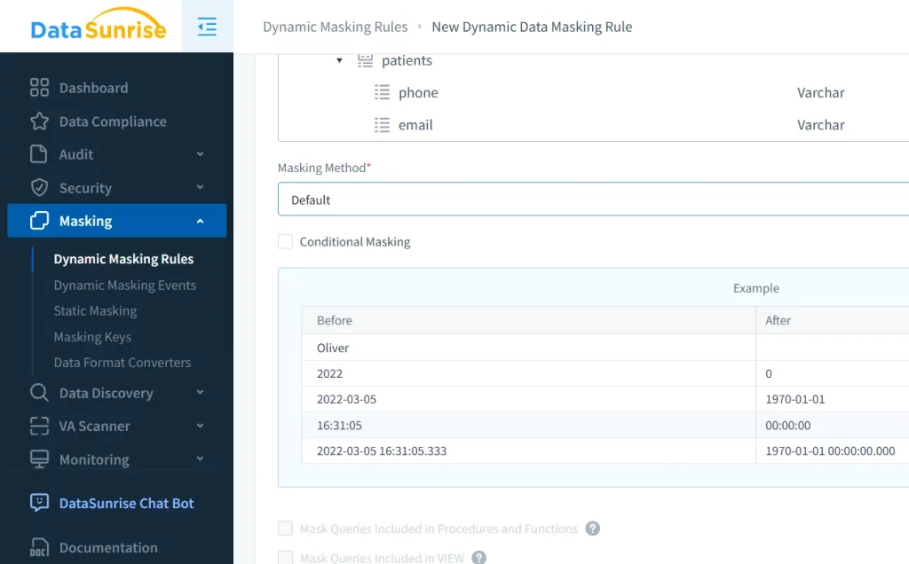 Dynamic masking preview screen for email and phone columns